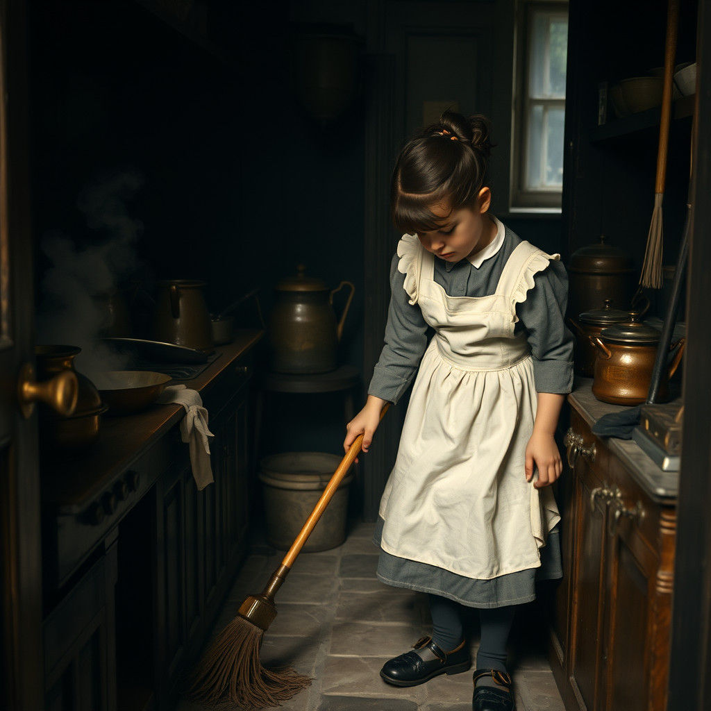 Edwardian Scullery Maid in London, Somber Realism