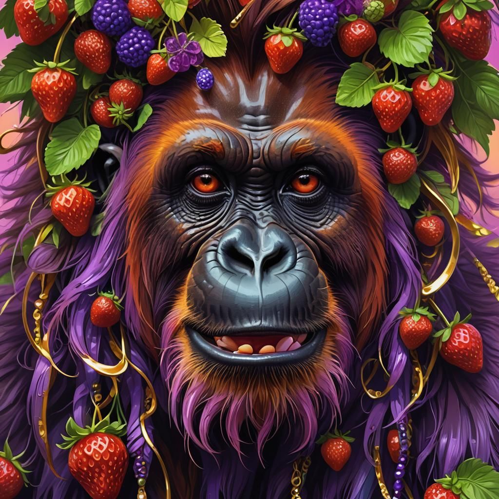 Orangutan with Strawberry Earrings: Surreal Digital Portrait