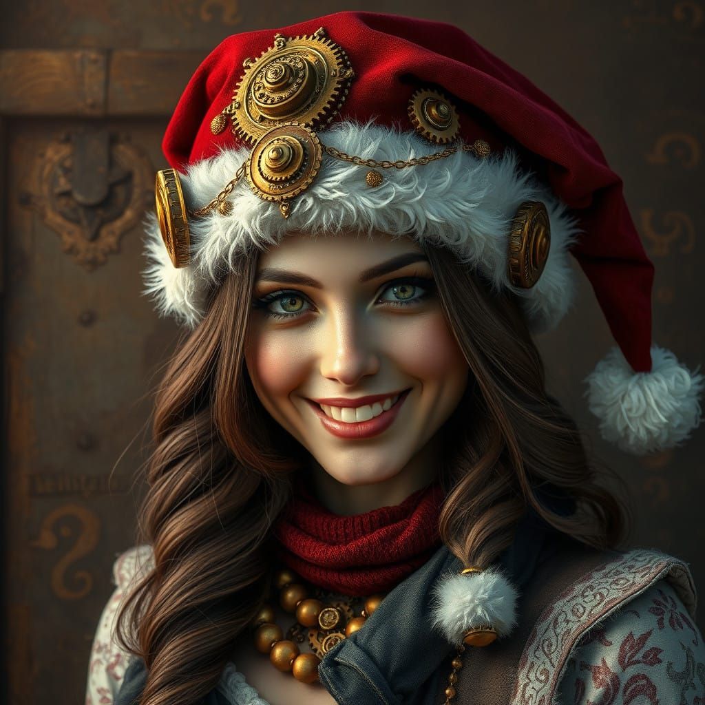 Steampunk Santa Woman in Muted Industrial Landscapes