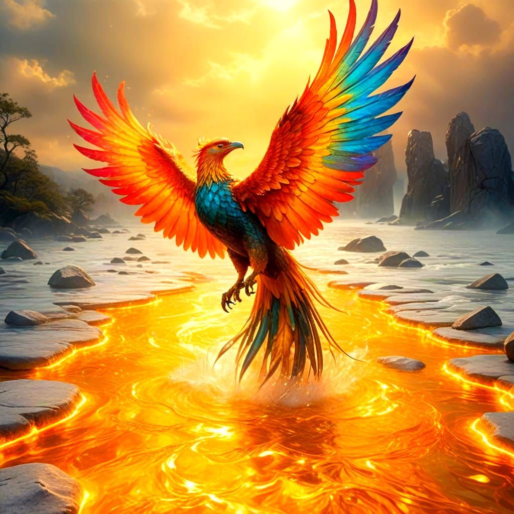 Surreal Gold Phoenix Ascends Amidst Tropical Arctic Landscap...