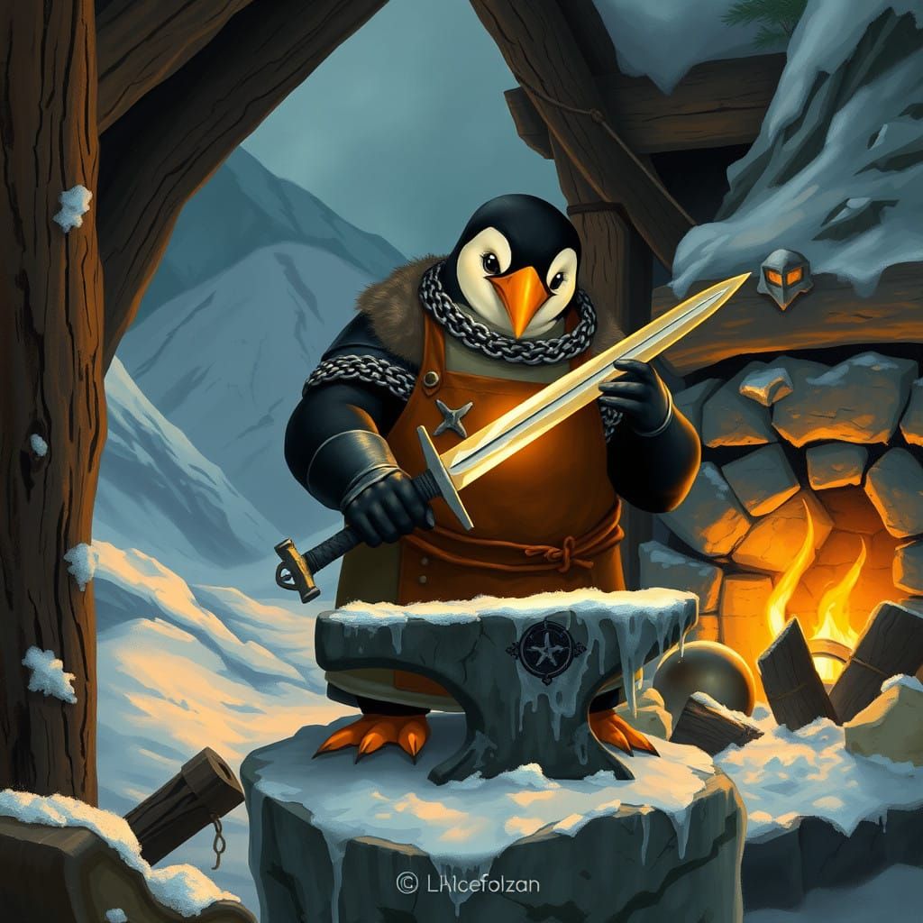 Medieval Penguin Blacksmith in Snowy Mountains