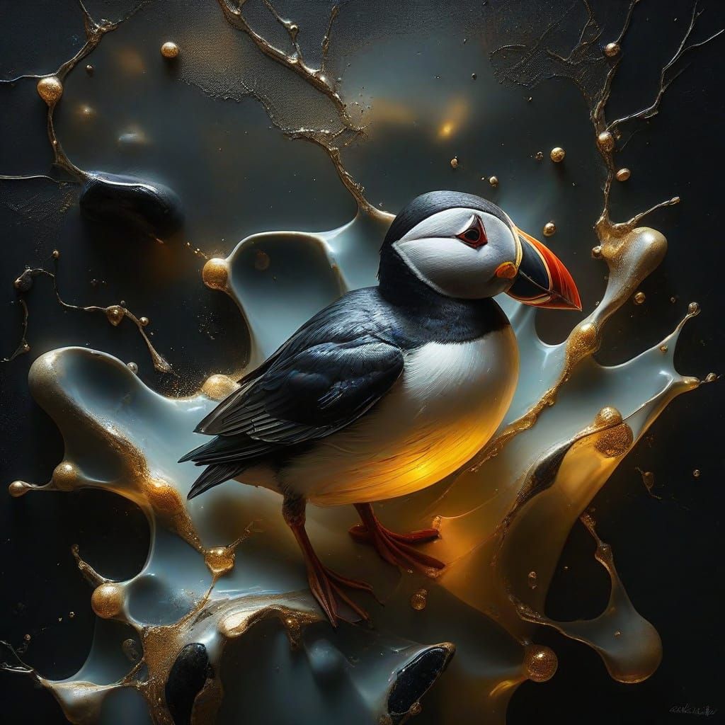 Hyperrealistic Golden Ink Splash with Atlantic Puffin in Pol...