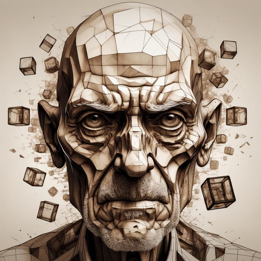 Expressive Old Man Dissolving into Cubes