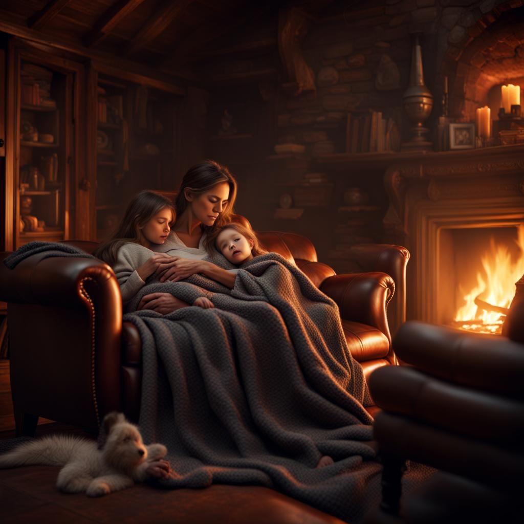 Cozy Scene of Woman and Child Sleeping by Fire