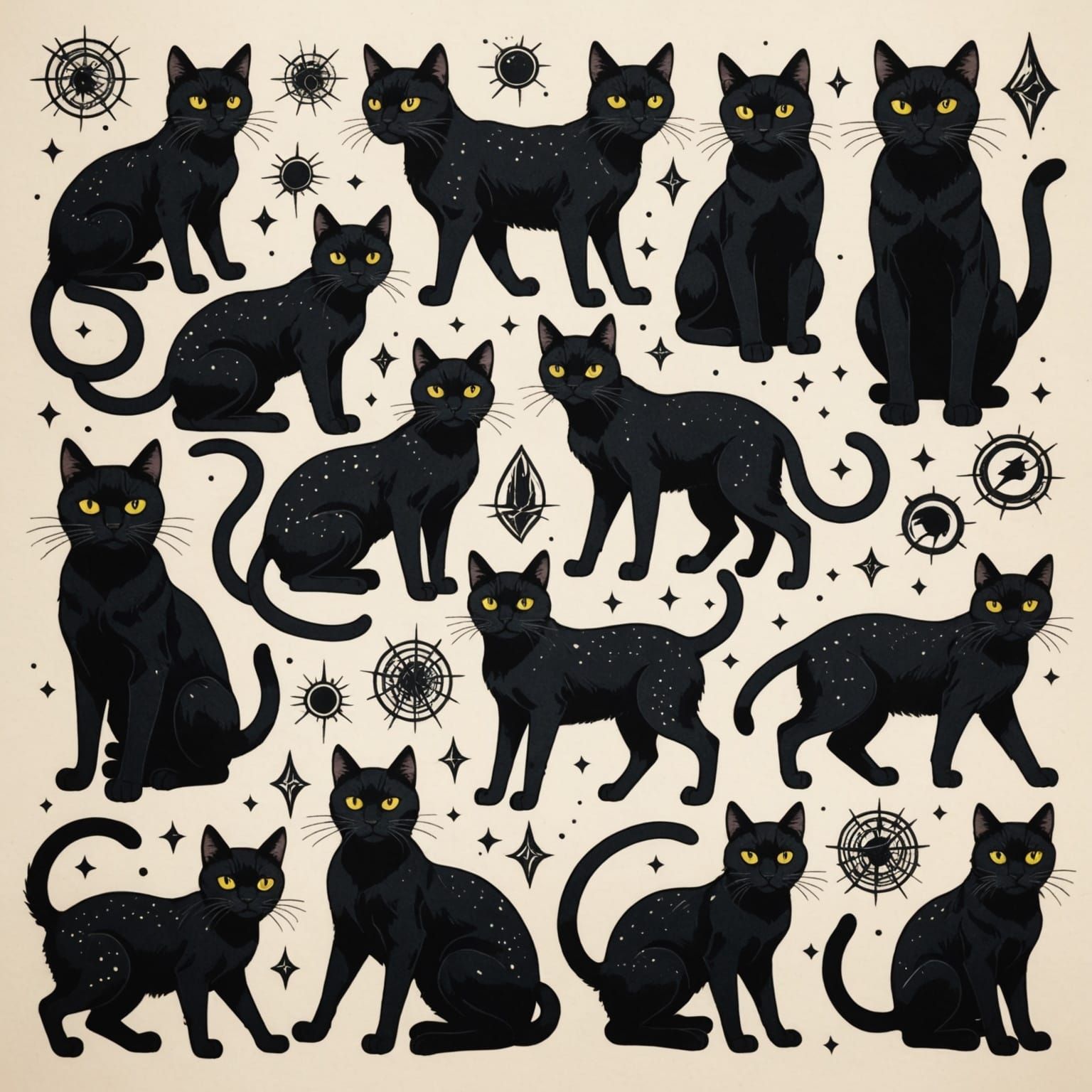 Flash Tattoo Sheet of Black Cats