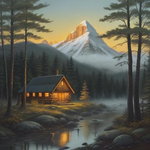 Cabin in Forest: Serene Landscape Painting