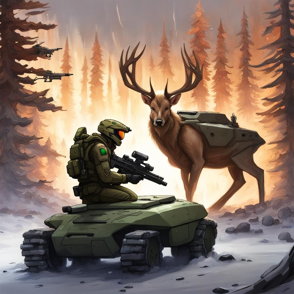 Master Chief Hunts Armored Deer from Warthog Tank