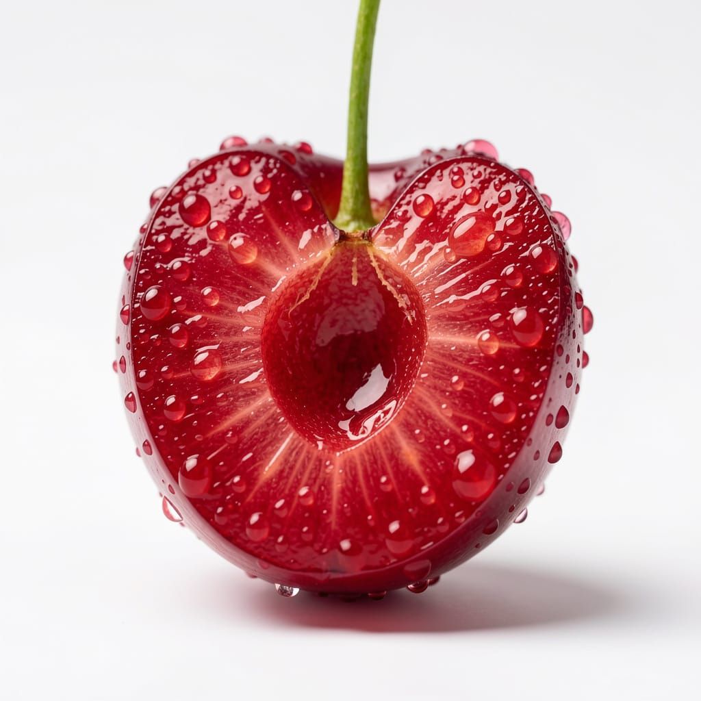 Macro Photo of a Dew-Kissed Halved Cherry