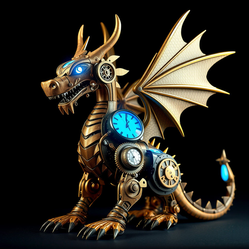 Steampunk Clockwork Dragon Automaton with Blue Optics