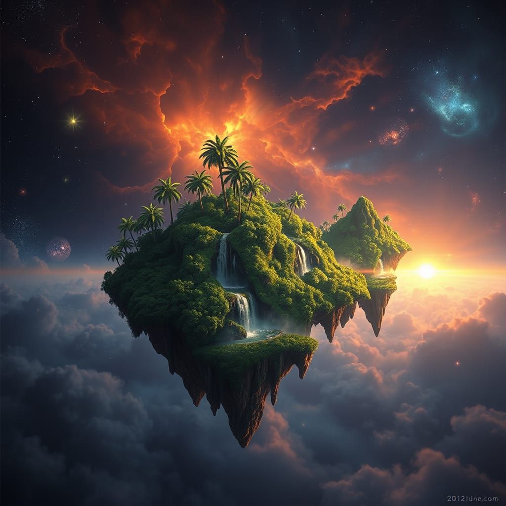Floating Tropical Islands in Deep Space Nebula