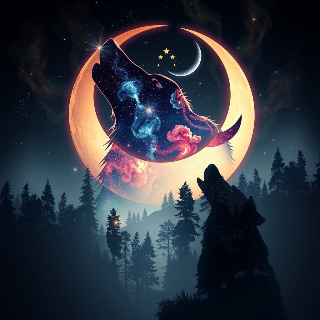 Cosmic Wolf Dreamscape: A Surreal Double Exposure