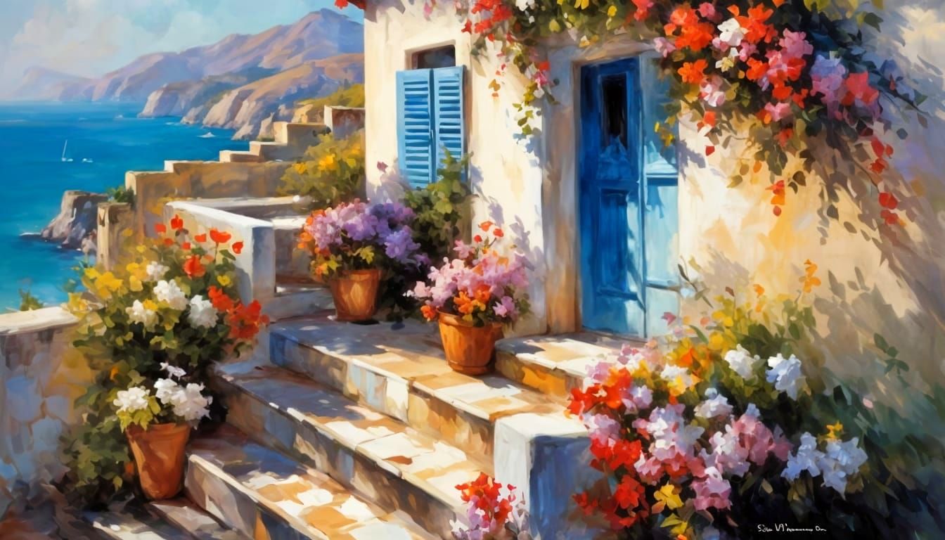 Greek Village House Painting in Impasto Style