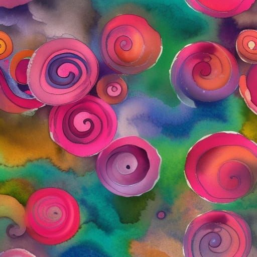 Pink Flowers and Swirls in Gouache Watercolor Style