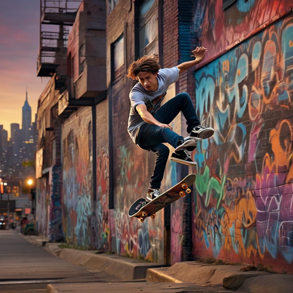 Hyperrealistic Skateboarder Kickflip in Urban Scene