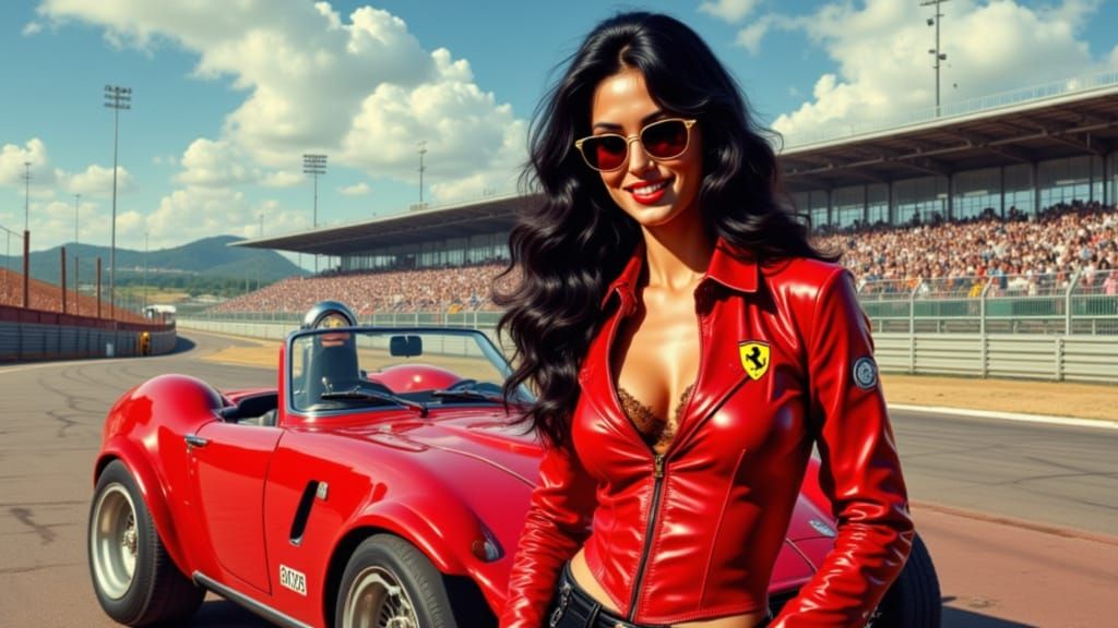 Italian Fitness Model in Vintage Ferrari F1 Art