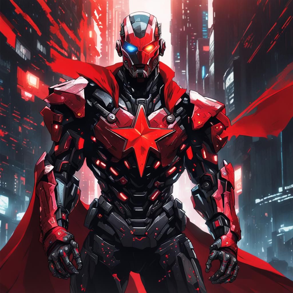 Cyberpunk Hero Cyborg with Red Stars in 8K