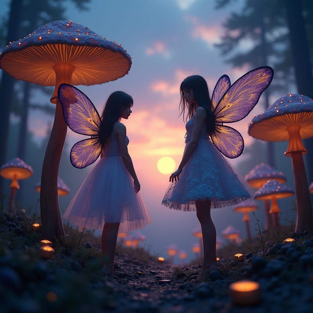 Mystical Fairies in Luminescent Mushroom Forest