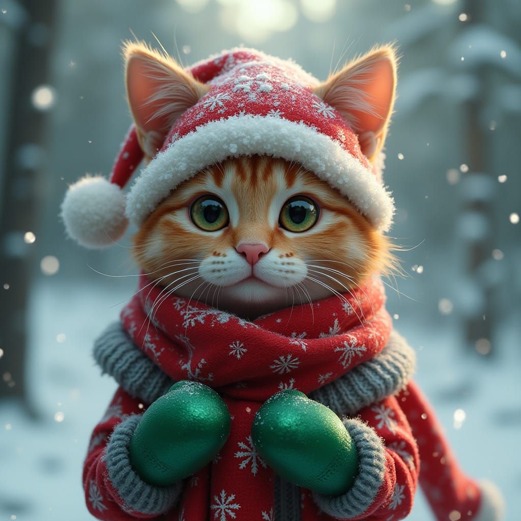 Whimsical Christmas Cat Girl in Winter Wonderland