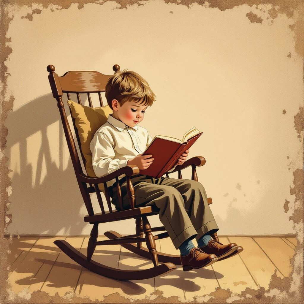 Boy Reading in Rocking Chair, Storybook Illustration Style