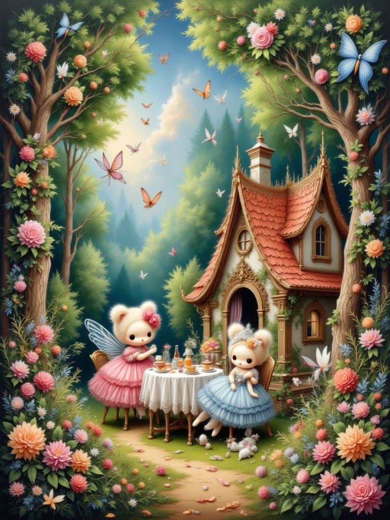Hello Kitty and My Melody Tea Party, Gouache Style