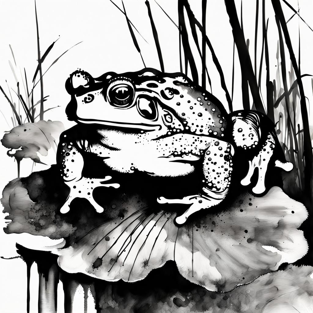 Toad in Reeds: Ink Painting with Stains
