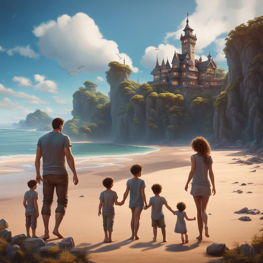 Scenic Beach with Family: Fantasy Concept Art