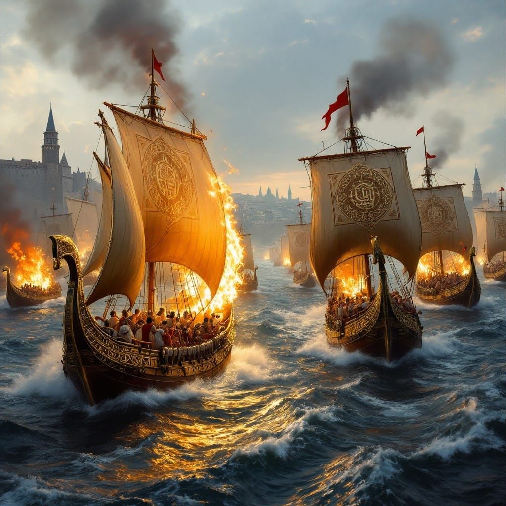 Byzantine Warships Engage Arab Fleet in Historic Bosphorus B...