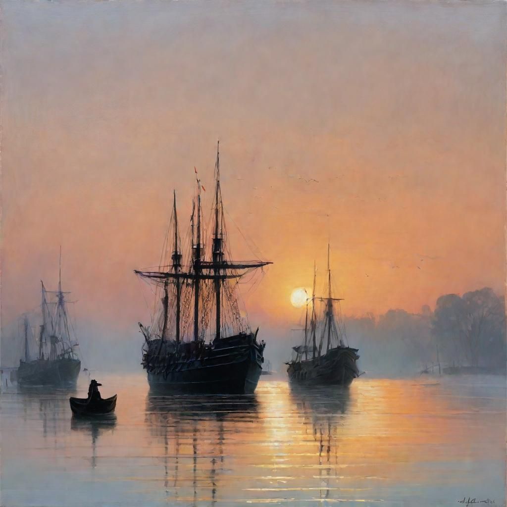 Wooden Warship in Misty Harbor at Dawn