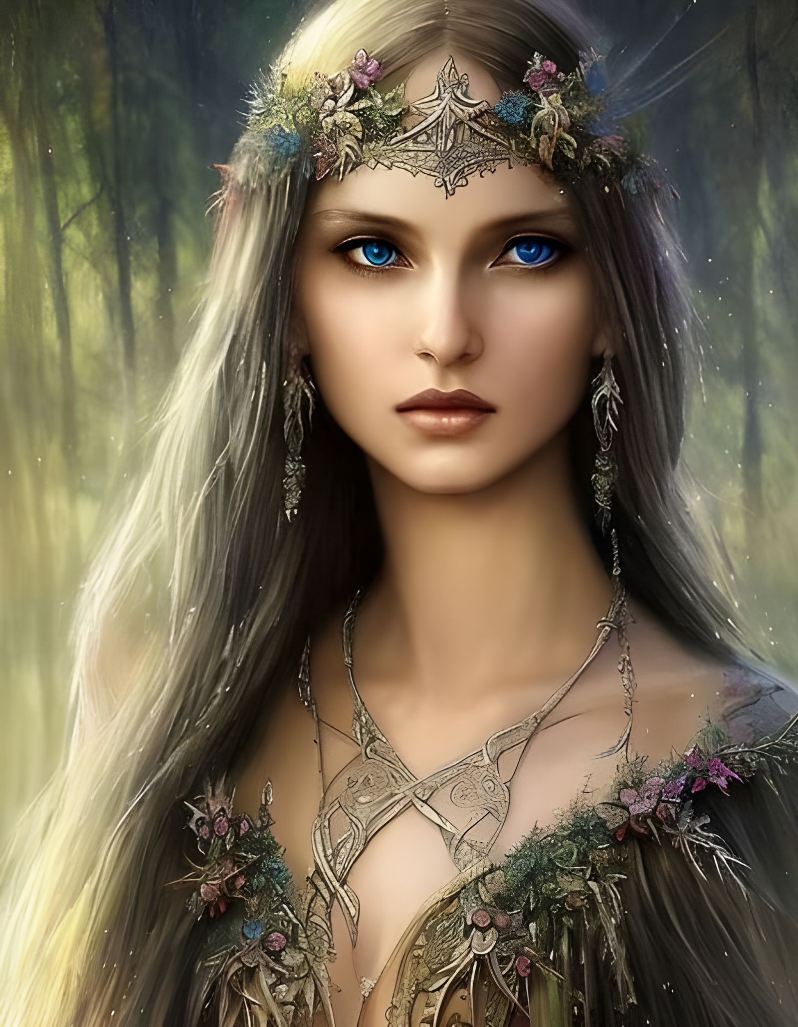 Beautiful Elf Priestess with Intricate Elven Dress