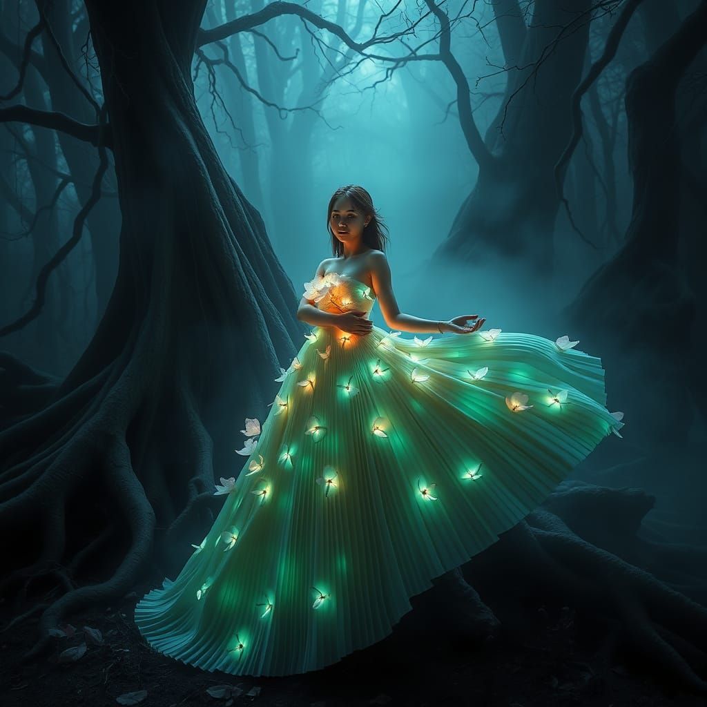 Woman in Luminescent Flower Gown, Ethereal Forest