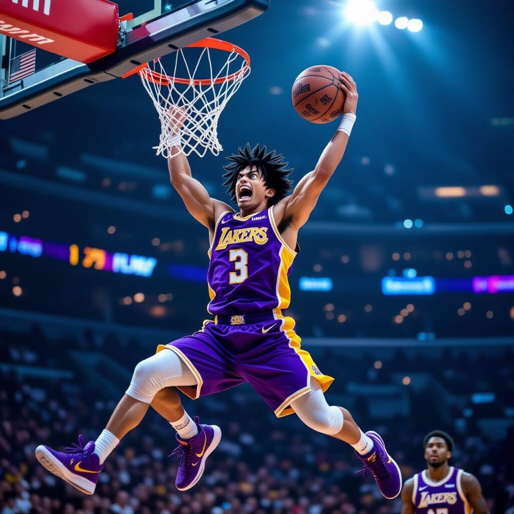 Monkey D. Luffy Dunking in Lakers Jersey