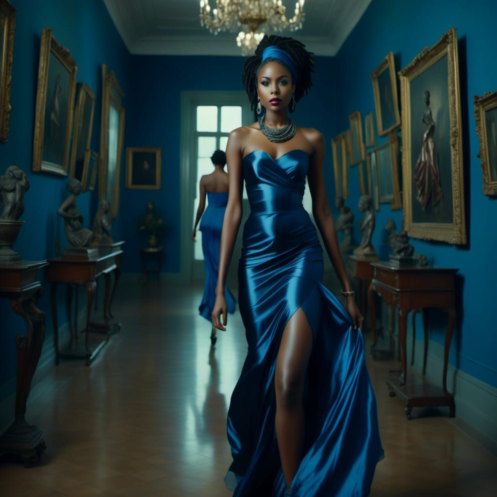 <lora:FashionStyle:1.0> <lora:AfricanWomanStyle:1.0> Beautiful black woman with dreds wearing gunmetal blue silk A line ...