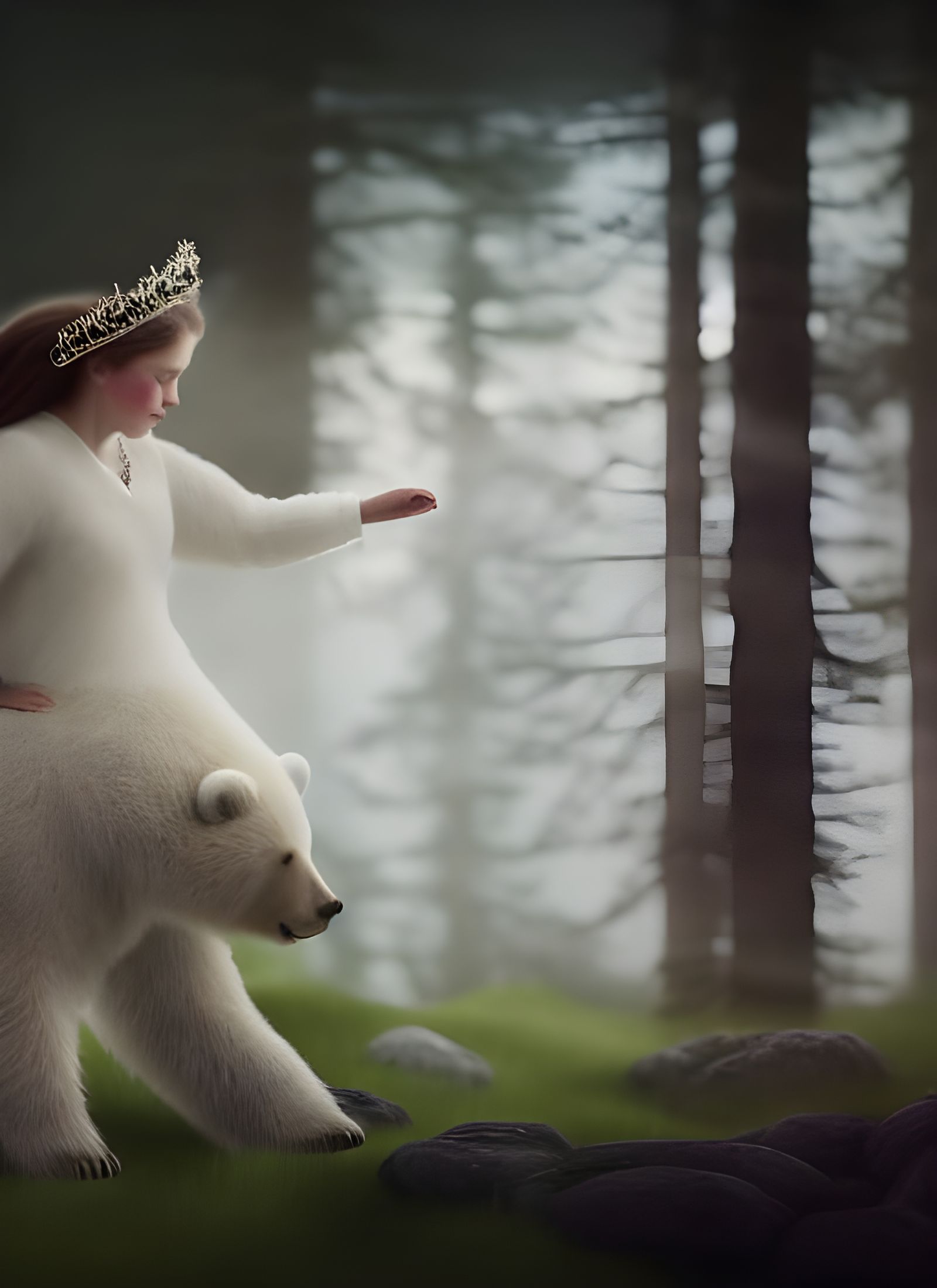 Princess on White Bear in Maximalist Landscape