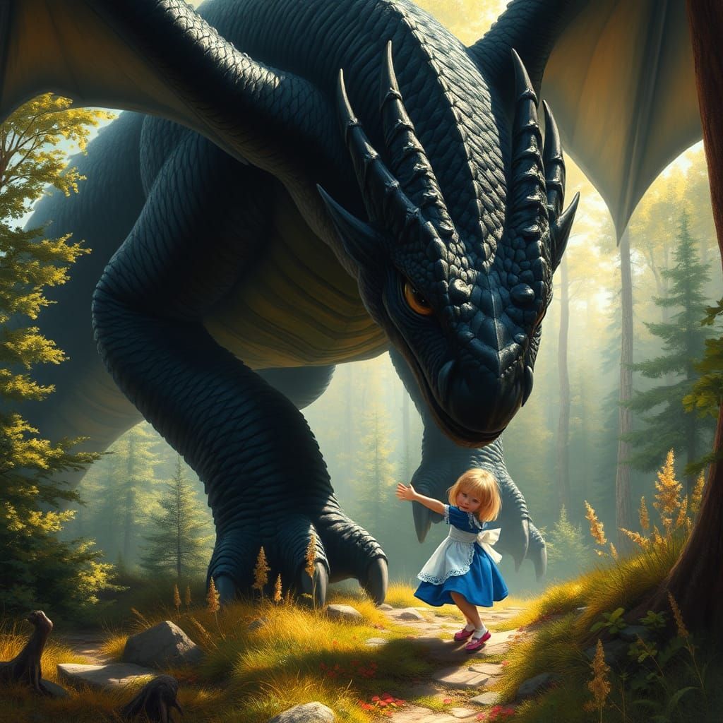 A very very large black dragon looking for a very small little girl who wants to hug him, she’s has her arms holding to ...