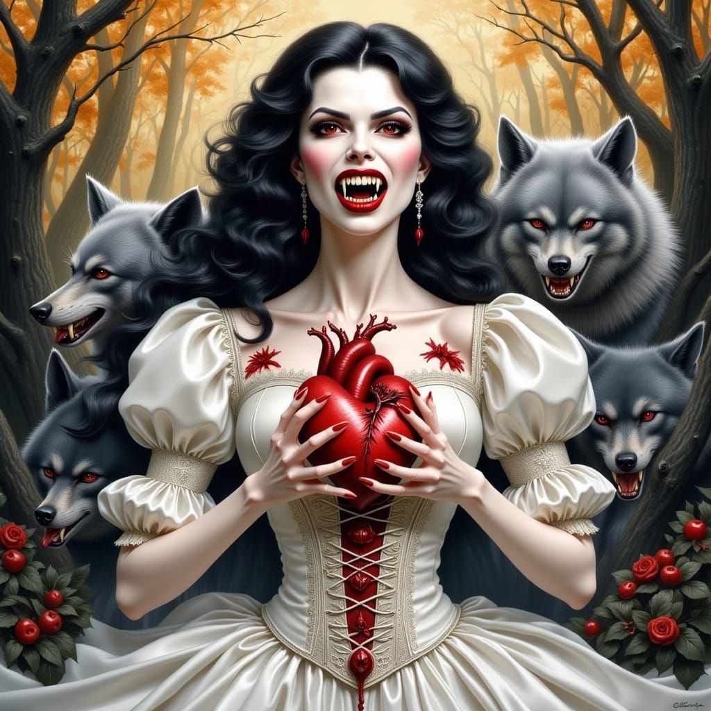 Steampunk Vampire Snow White with Werewolves in Woods