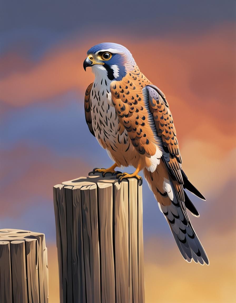 Kestrel Perched on Fence Post Illustration