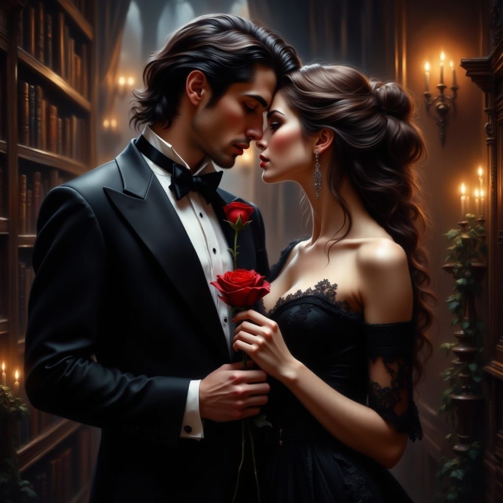 Vampire Wooing Woman with Blood Rose in Library