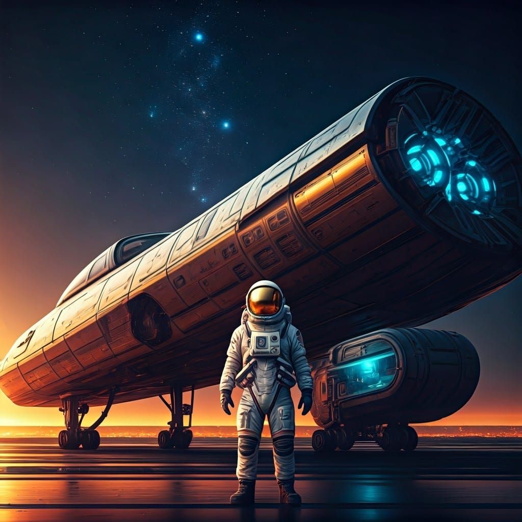 Heroic Astronaut Stands Beside Futuristic Spaceship Under St...