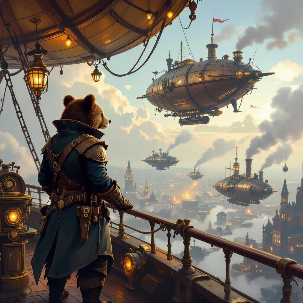 Steampunk Bear Airship Captain Overlooking Skyport
