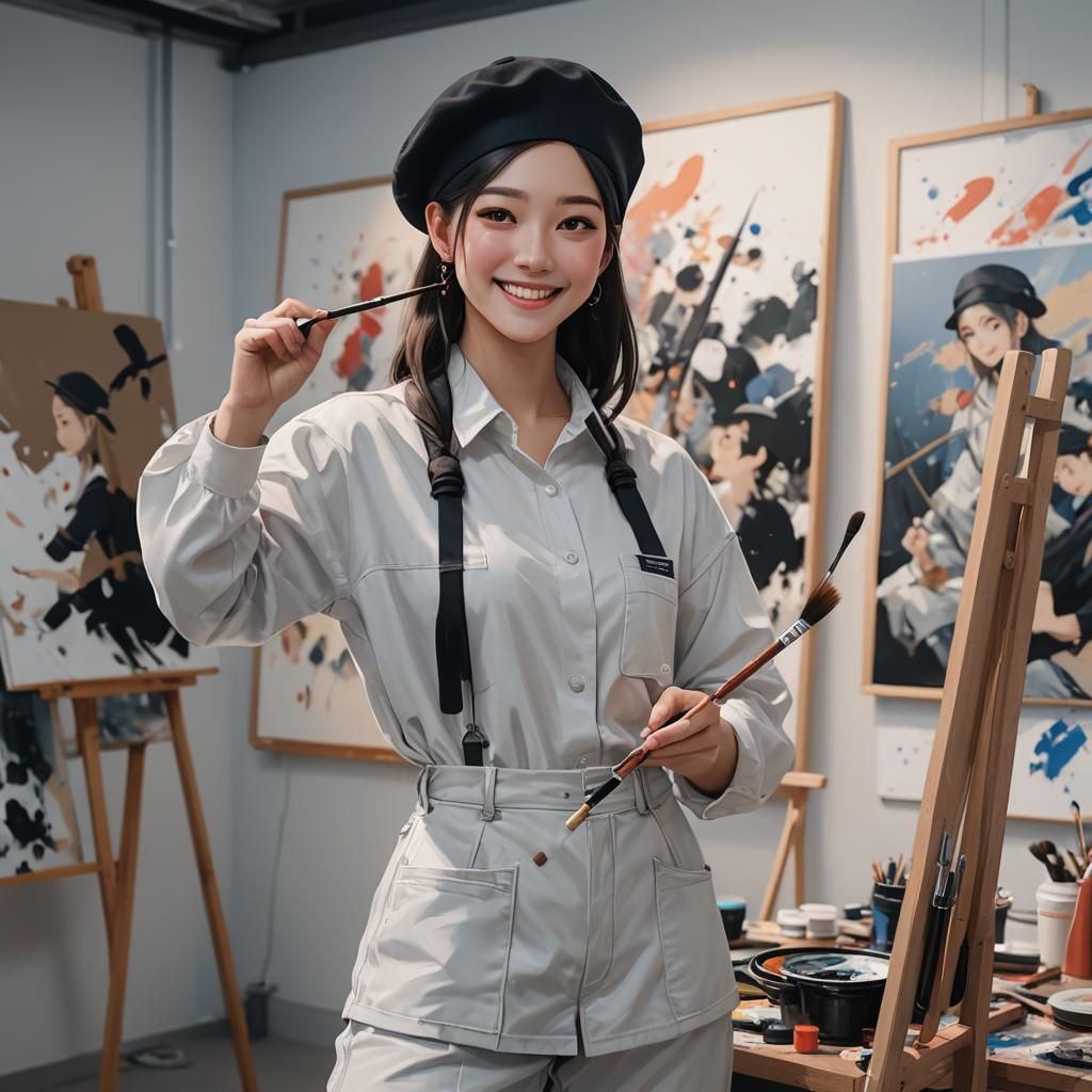 Anime Artist Painting in Studio with Beret