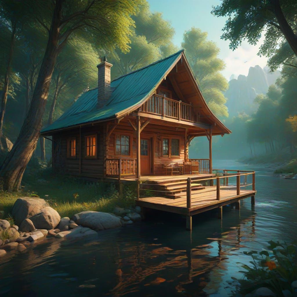 Cozy Cabin on Riverbank with Sailboat, Concept Art