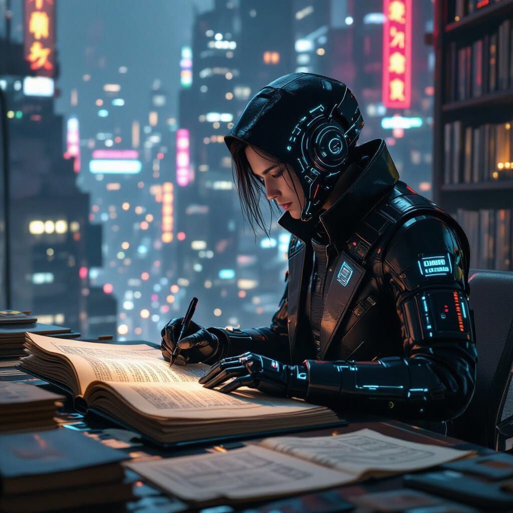 Cyberpunk Archivist in Rooftop Library
