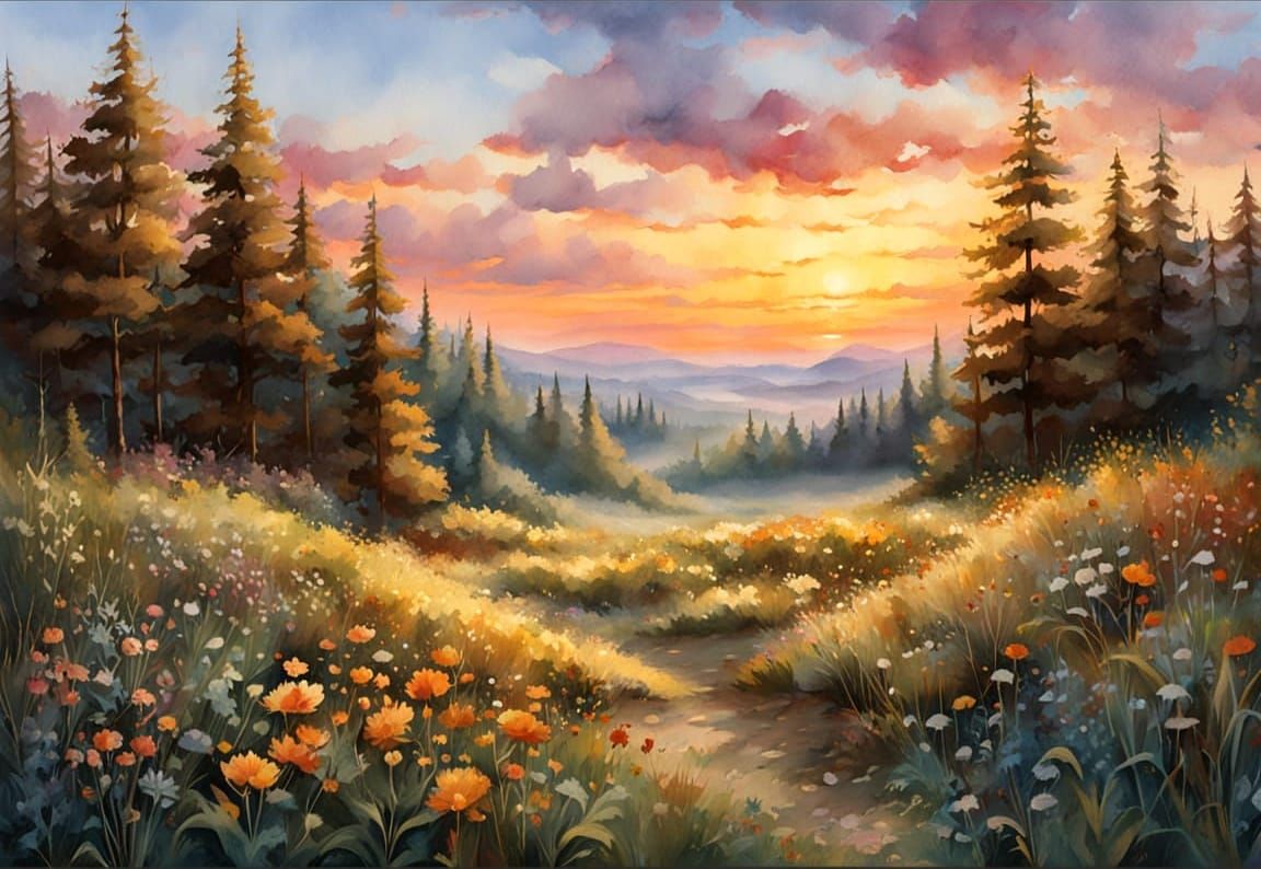 Exquisite Watercolor Sunset Over Forest Meadow Landscape