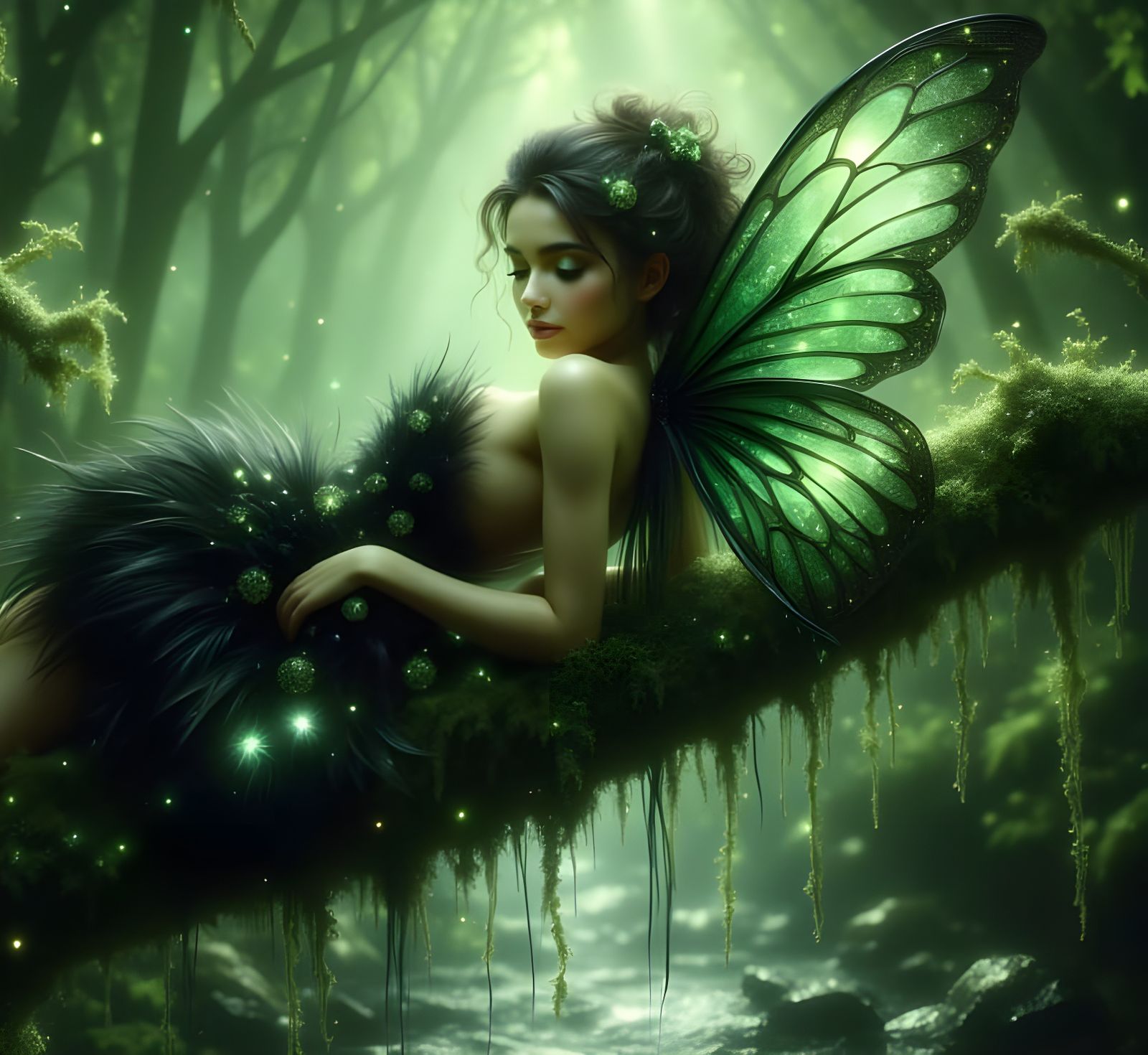 Ethereal Faerie on Mossy Branch in Misty Woodland