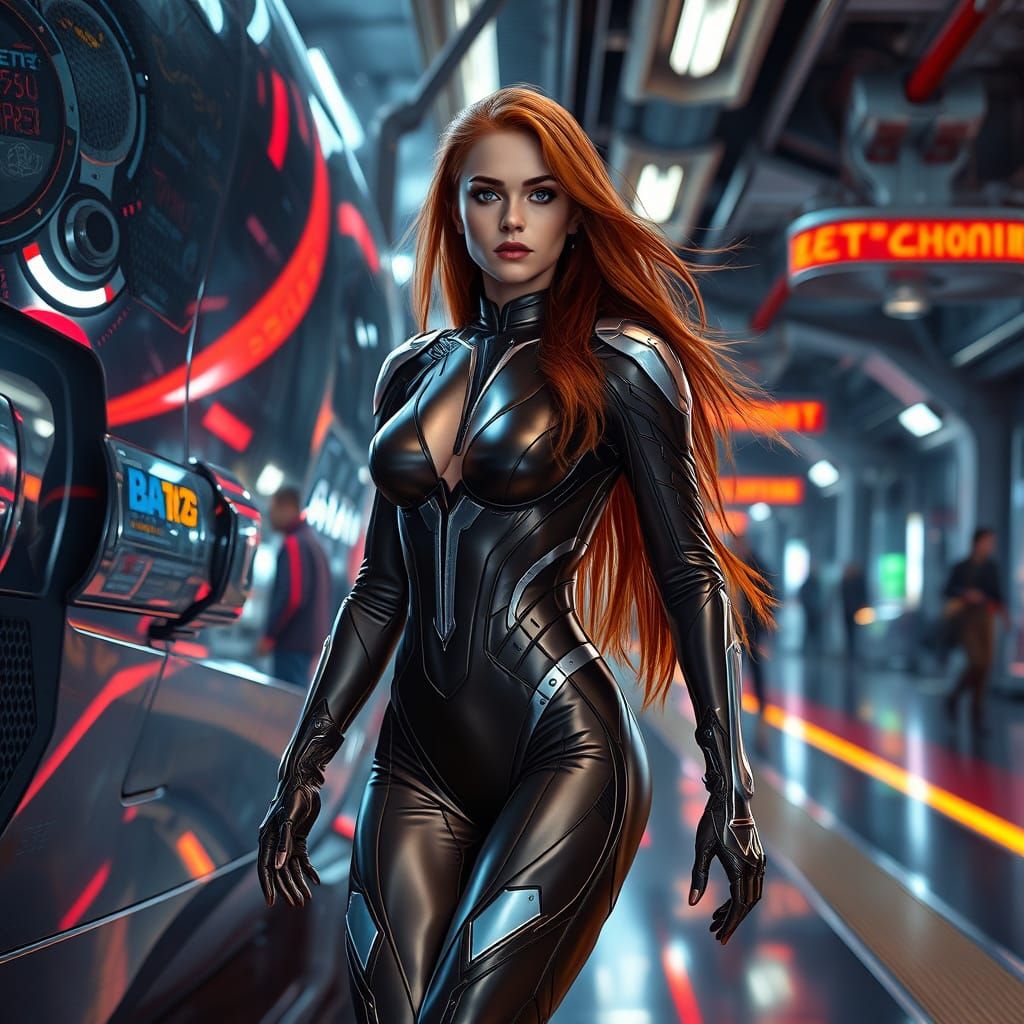 Futuristic Woman in Spaceport, Cyberpunk Style