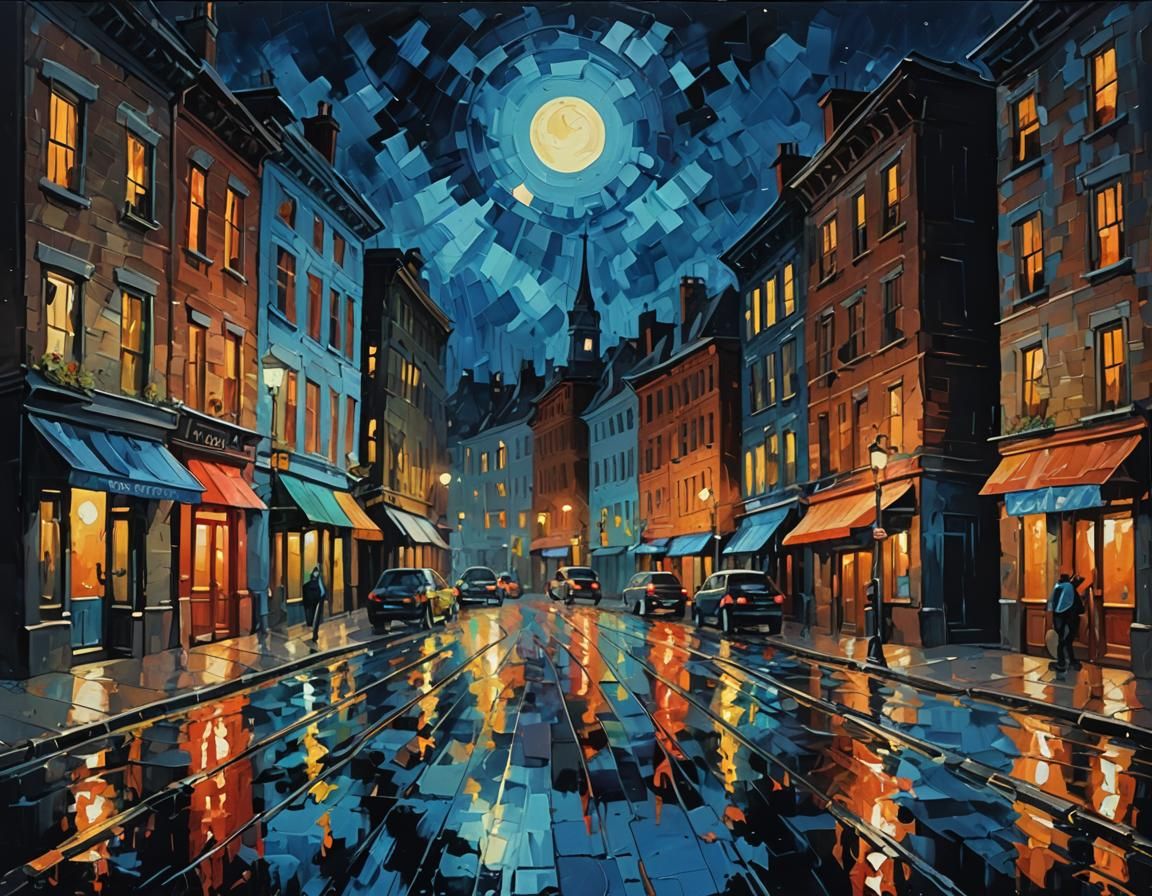 Cityscape at Midnight: An Impasto Gouache Masterpiece