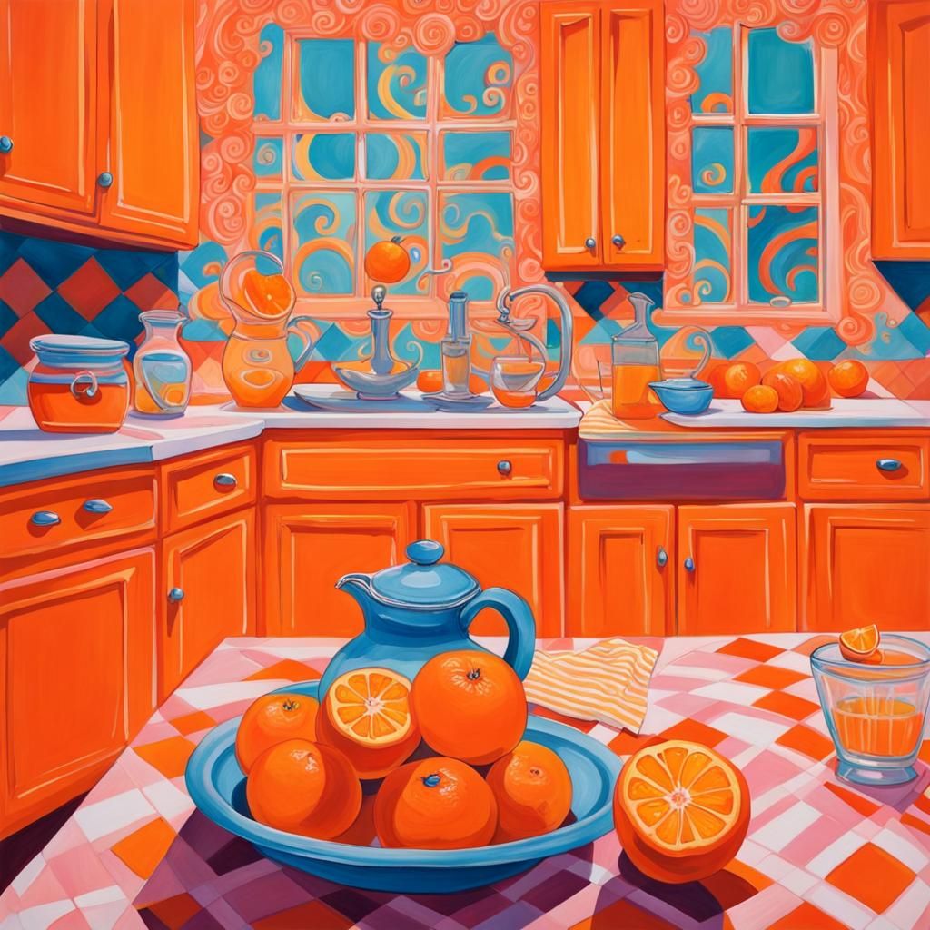 Vibrant Orange Kitchen with Juice, Gouache Style