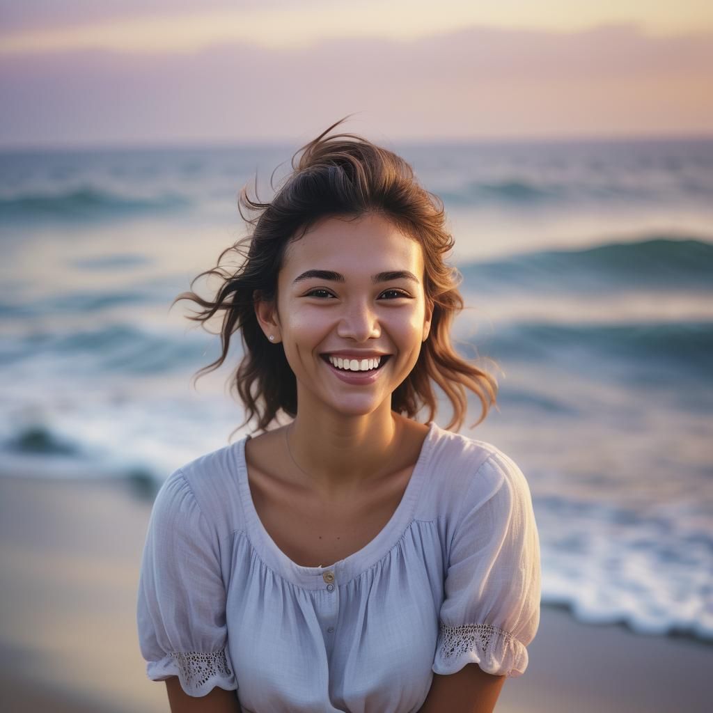 Smiling Girl by the Sea: Hyper-Realistic Portrait
