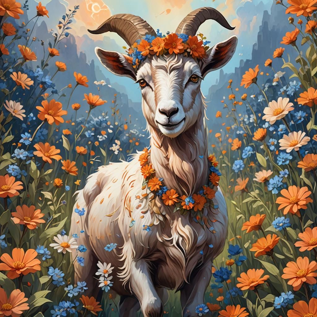 Goat in Flower Field: Fantastical Concept Art