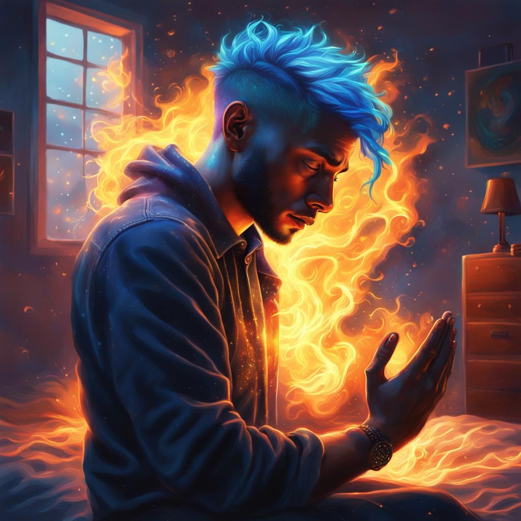 Praying Man with Neon Hair, Digital Art